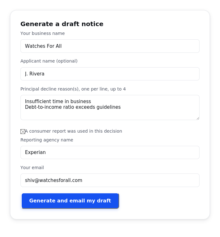 Adverse action generator form